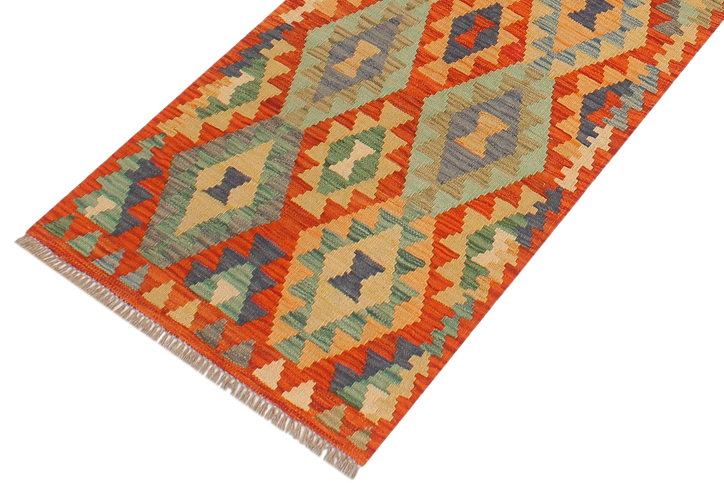 handmade Geometric Kilim Rust Blue Hand-Woven RUNNER 100% WOOL area rug 2 x 6