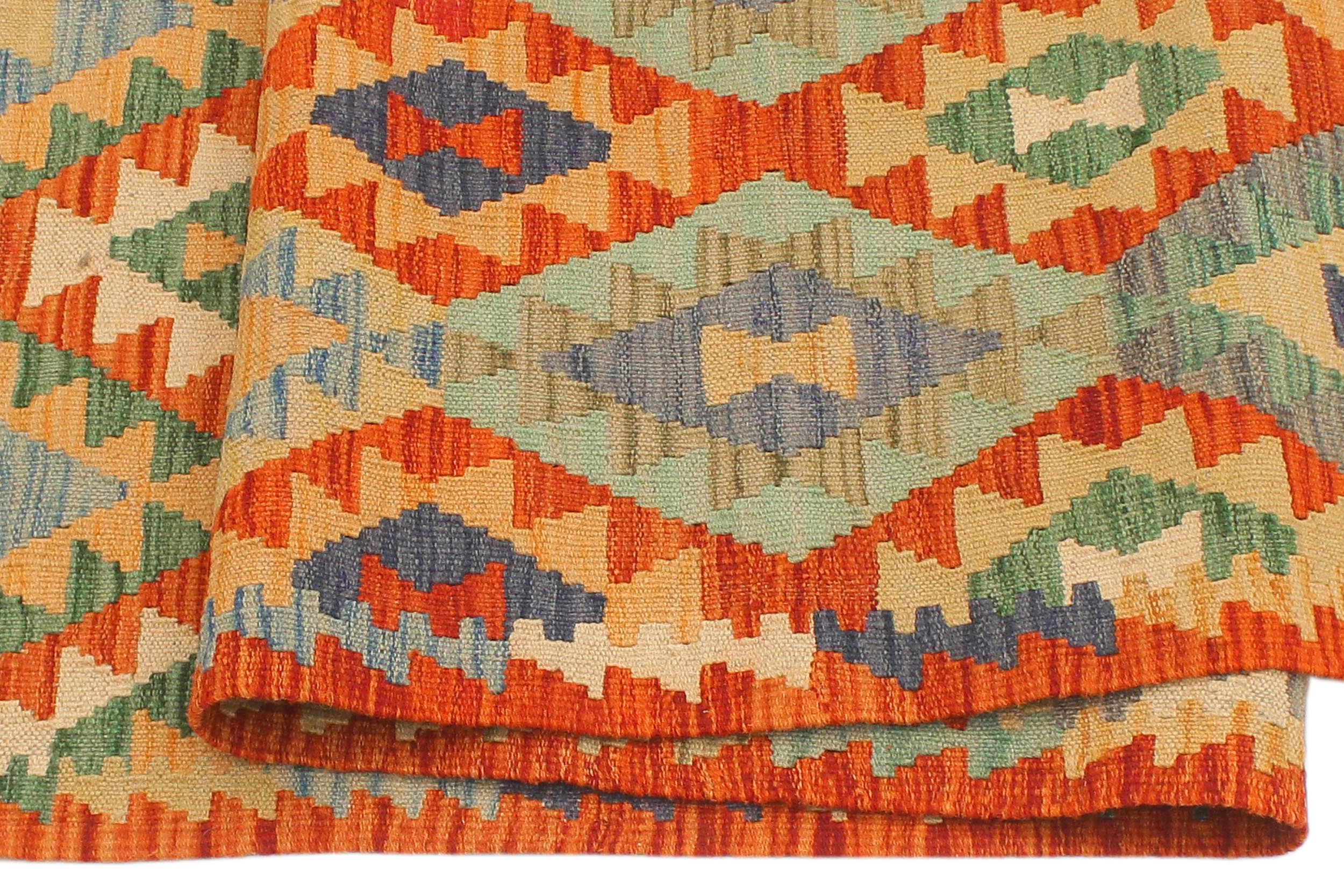 handmade Geometric Kilim Rust Blue Hand-Woven RUNNER 100% WOOL area rug 2 x 6