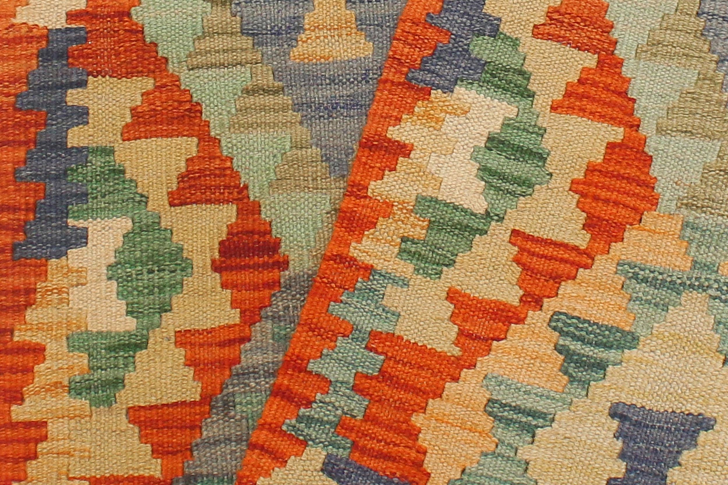 handmade Geometric Kilim Rust Blue Hand-Woven RUNNER 100% WOOL area rug 2 x 6