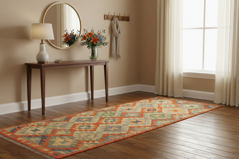 handmade Geometric Kilim Rust Blue Hand-Woven RUNNER 100% WOOL area rug 2 x 6