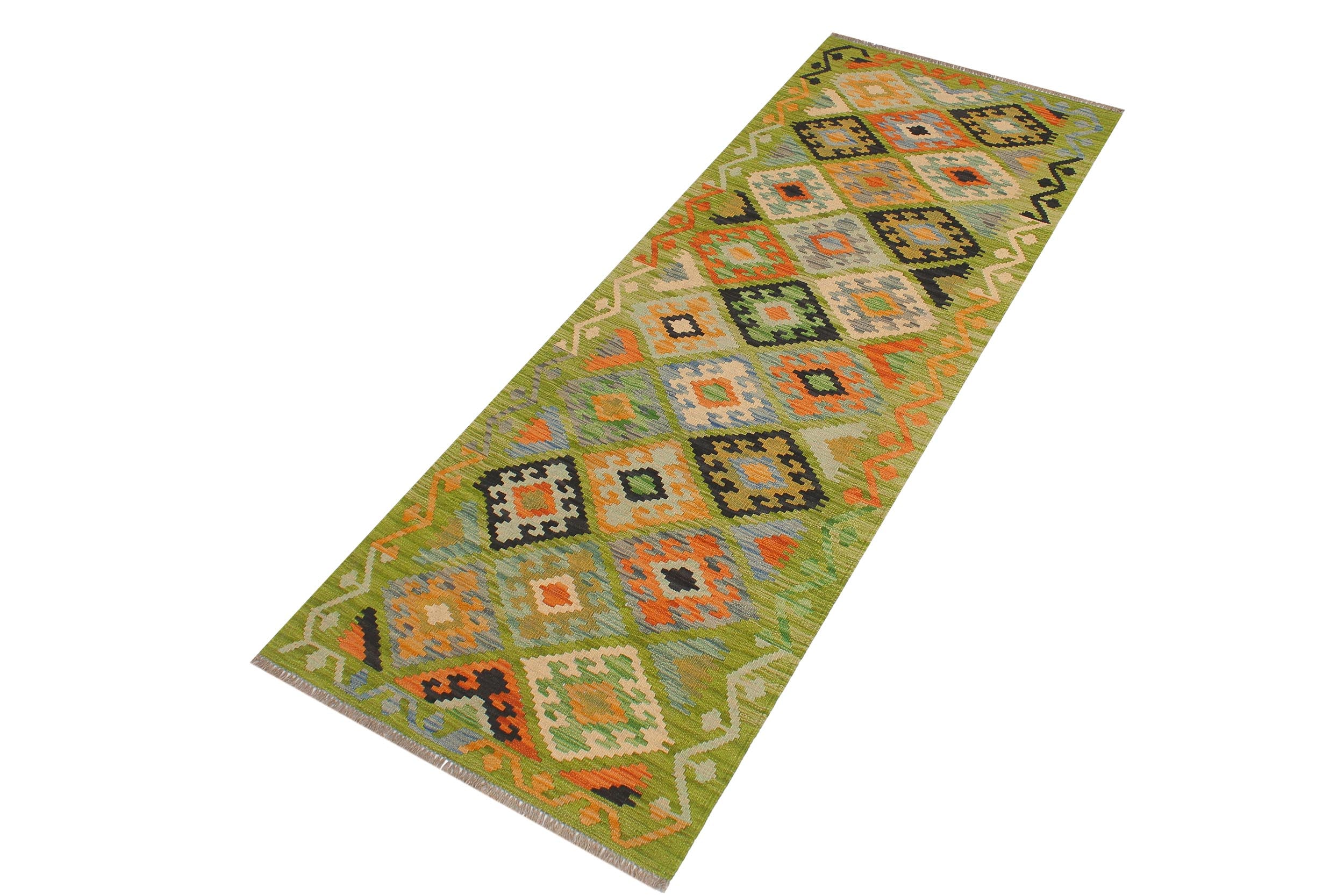 handmade Geometric Kilim Green Rust Hand-Woven RUNNER 100% WOOL area rug 3 x 8