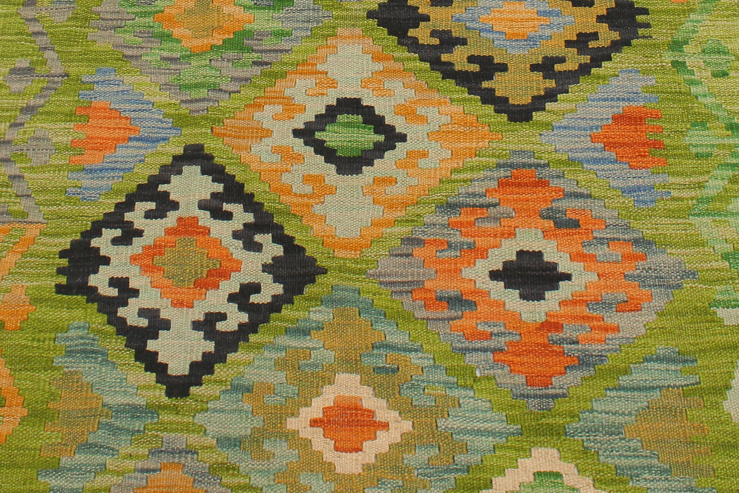 handmade Geometric Kilim Green Rust Hand-Woven RUNNER 100% WOOL area rug 3 x 8