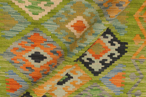 handmade Geometric Kilim Green Rust Hand-Woven RUNNER 100% WOOL area rug 3 x 8