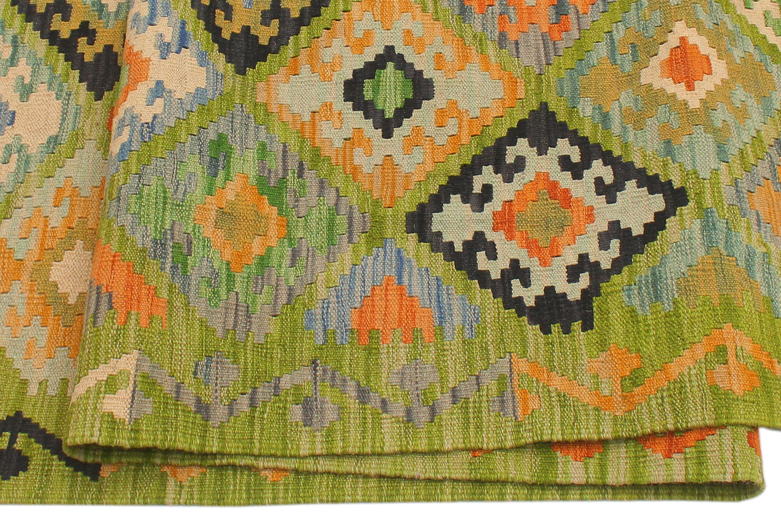 handmade Geometric Kilim Green Rust Hand-Woven RUNNER 100% WOOL area rug 3 x 8