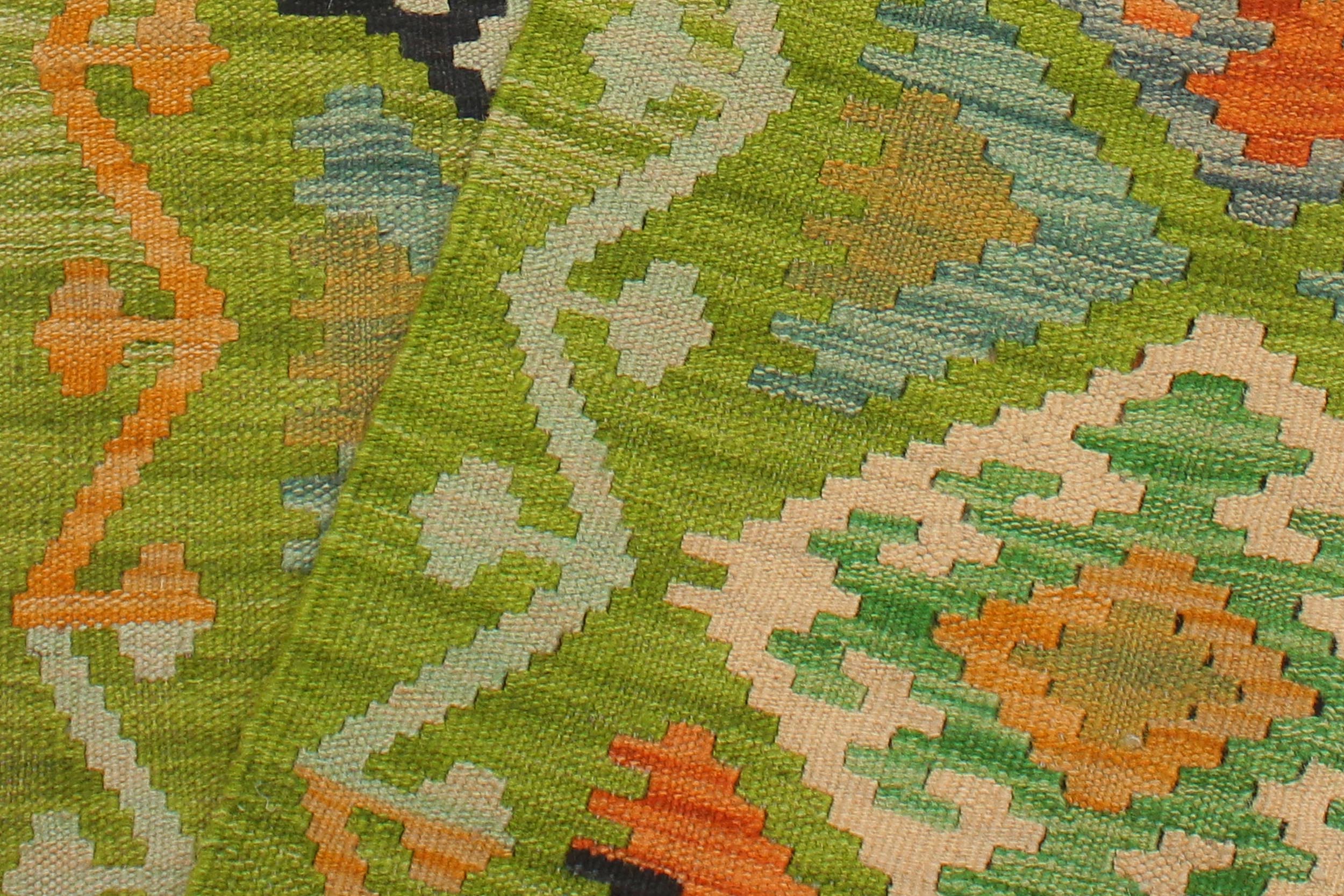 handmade Geometric Kilim Green Rust Hand-Woven RUNNER 100% WOOL area rug 3 x 8