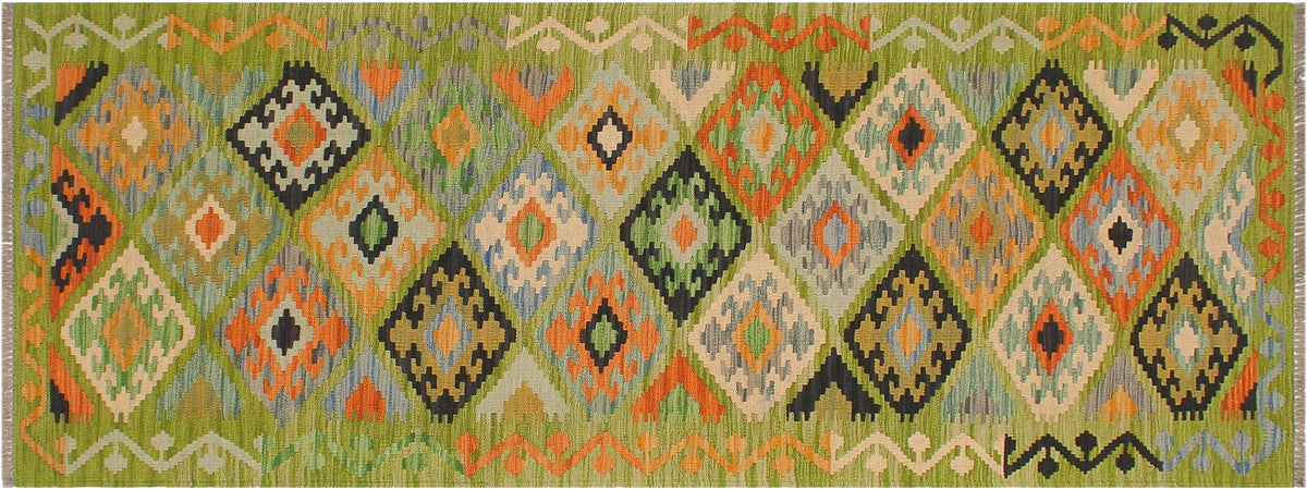 handmade Geometric Kilim Green Rust Hand-Woven RUNNER 100% WOOL area rug 3 x 8