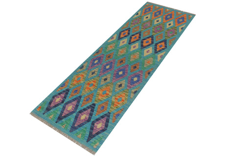 handmade Modern Kilim Blue Rust Hand-Woven RUNNER 100% WOOL area rug 3x6