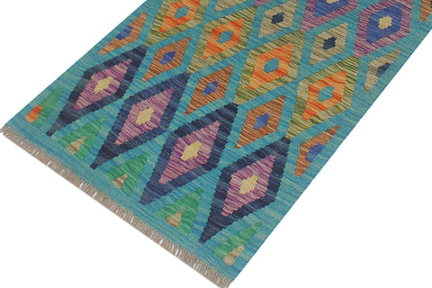 handmade Modern Kilim Blue Rust Hand-Woven RUNNER 100% WOOL area rug 3x6