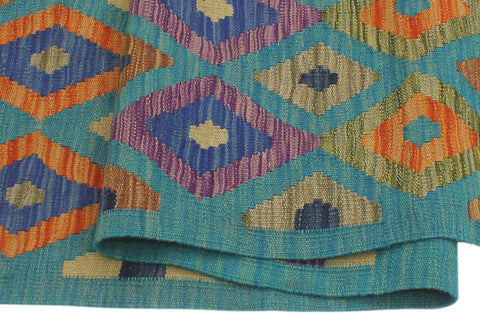 handmade Modern Kilim Blue Rust Hand-Woven RUNNER 100% WOOL area rug 3x6