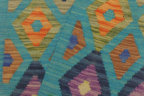 handmade Modern Kilim Blue Rust Hand-Woven RUNNER 100% WOOL area rug 3x6