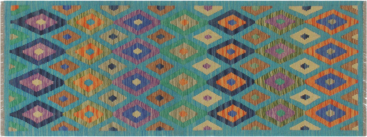 handmade Modern Kilim Blue Rust Hand-Woven RUNNER 100% WOOL area rug 3x6