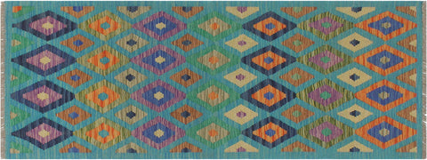 handmade Modern Kilim Blue Rust Hand-Woven RUNNER 100% WOOL area rug 3x6