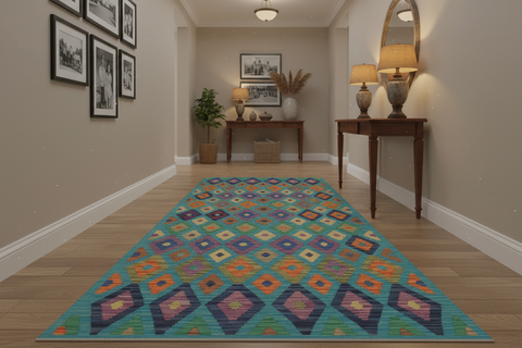 handmade Modern Kilim Blue Rust Hand-Woven RUNNER 100% WOOL area rug 3x6