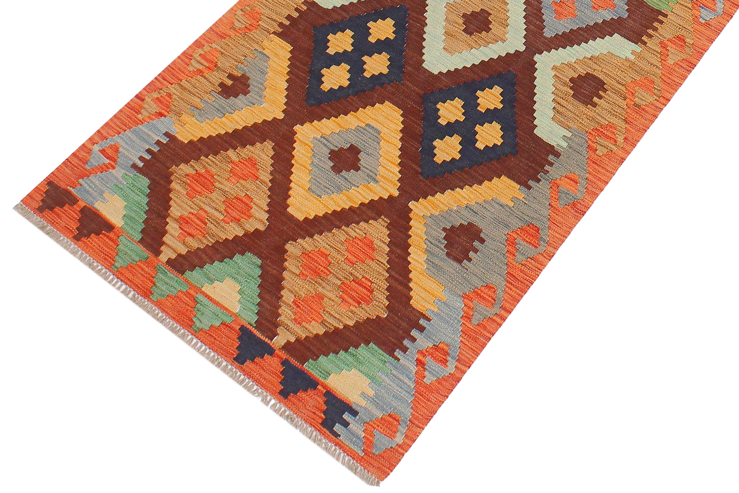 handmade Geometric Kilim Brown Rust Hand-Woven RUNNER 100% WOOL area rug 3 x 9