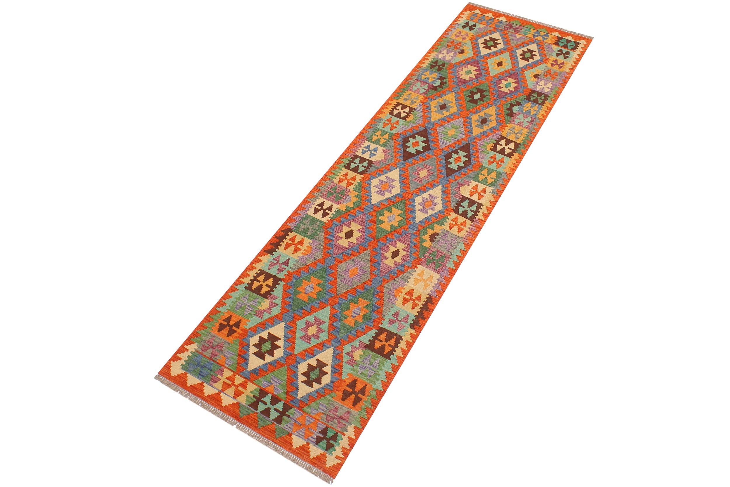 handmade Geometric Kilim Blue Rust Hand-Woven RUNNER 100% WOOL area rug 3 x 10