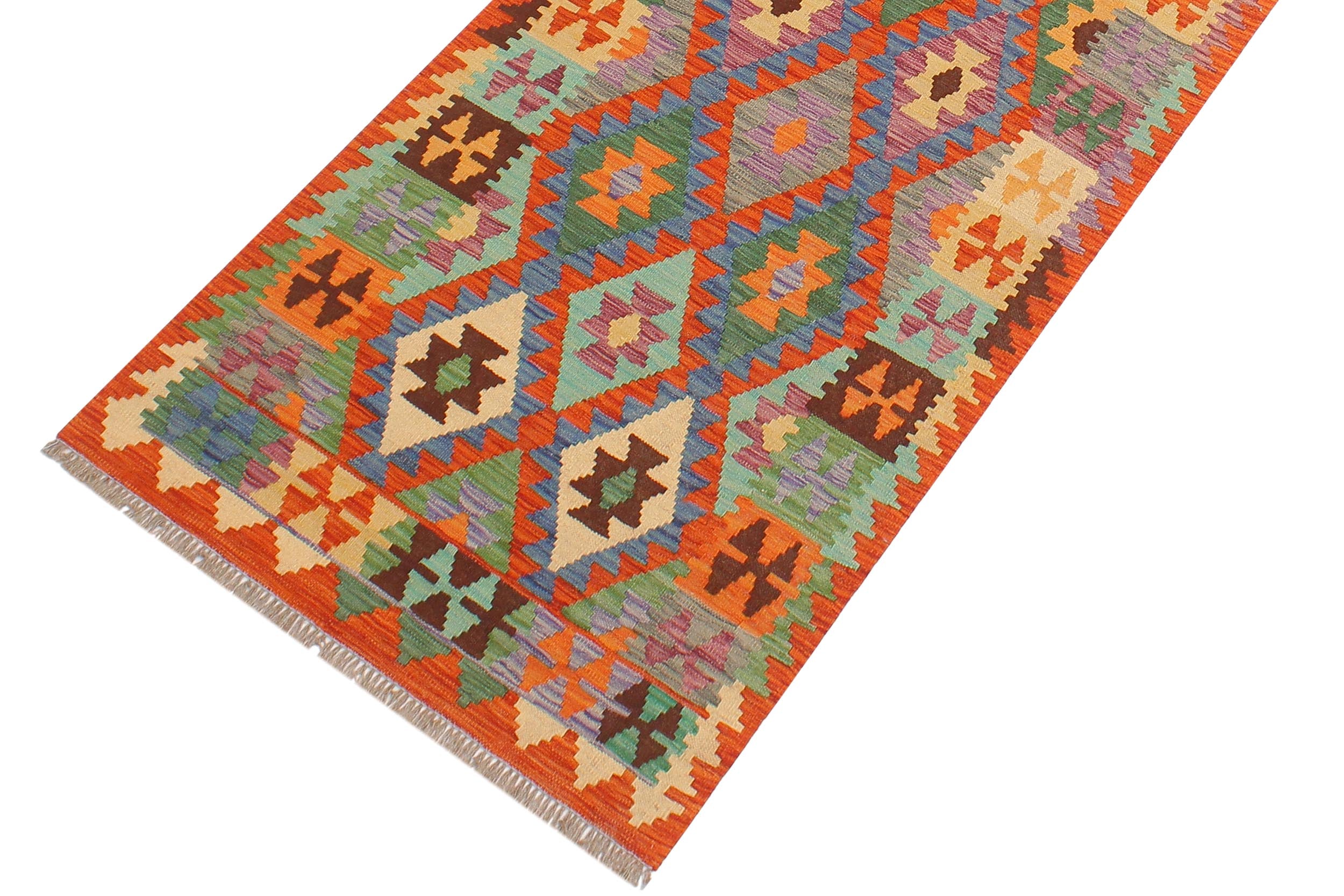 handmade Geometric Kilim Blue Rust Hand-Woven RUNNER 100% WOOL area rug 3 x 10