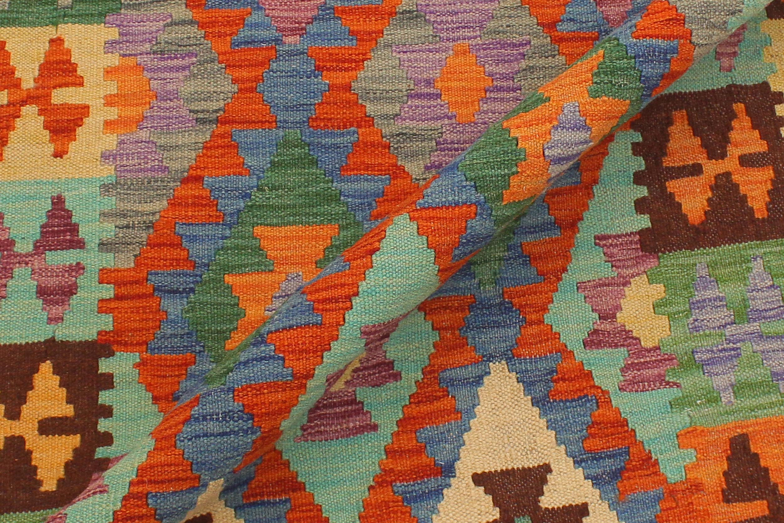 handmade Geometric Kilim Blue Rust Hand-Woven RUNNER 100% WOOL area rug 3 x 10