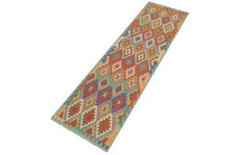 handmade Geometric Kilim Rust Blue Hand-Woven RUNNER 100% WOOL area rug 3 x 10