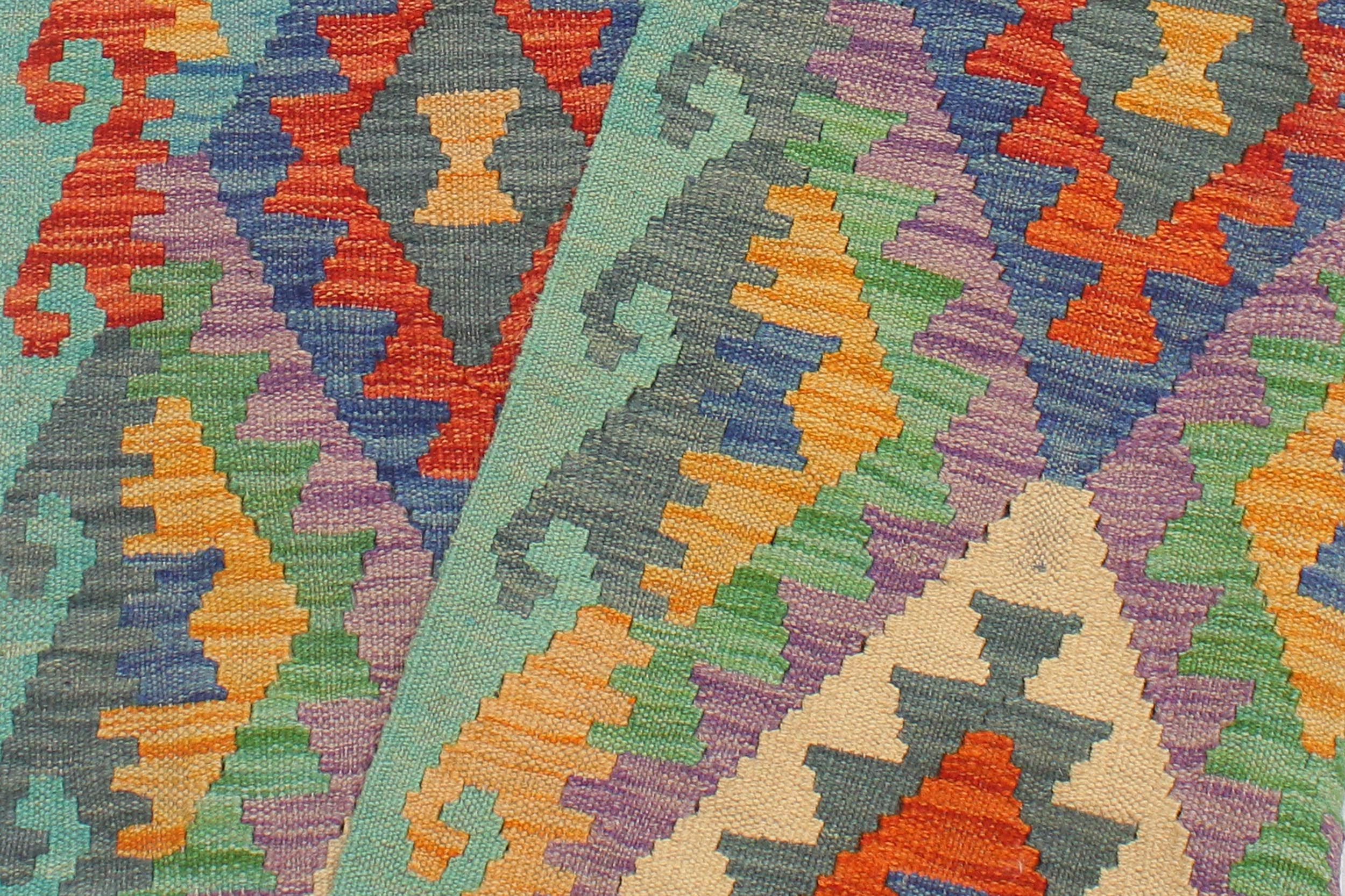 handmade Geometric Kilim Rust Blue Hand-Woven RUNNER 100% WOOL area rug 3 x 10