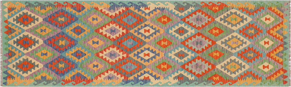 handmade Geometric Kilim Rust Blue Hand-Woven RUNNER 100% WOOL area rug 3 x 10