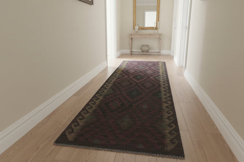 handmade Modern Kilim Brown Black Hand-Woven RUNNER 100% WOOL area rug 3 x 8