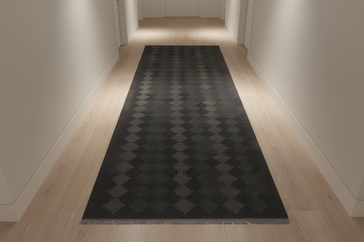 handmade Modern Kilim Black Green Hand-Woven RUNNER 100% WOOL area rug 3 x 8