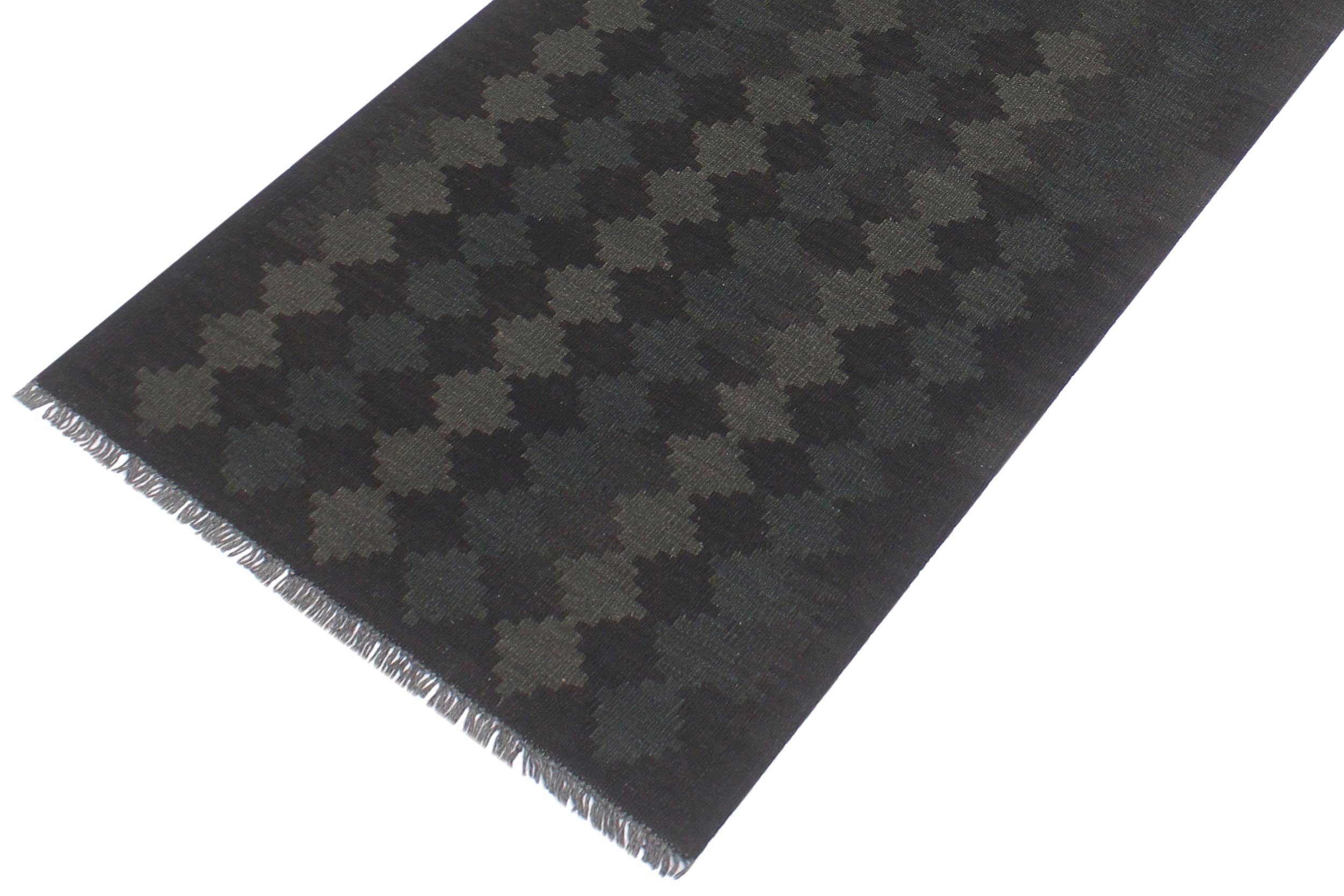 handmade Modern Kilim Black Green Hand-Woven RUNNER 100% WOOL area rug 3 x 8