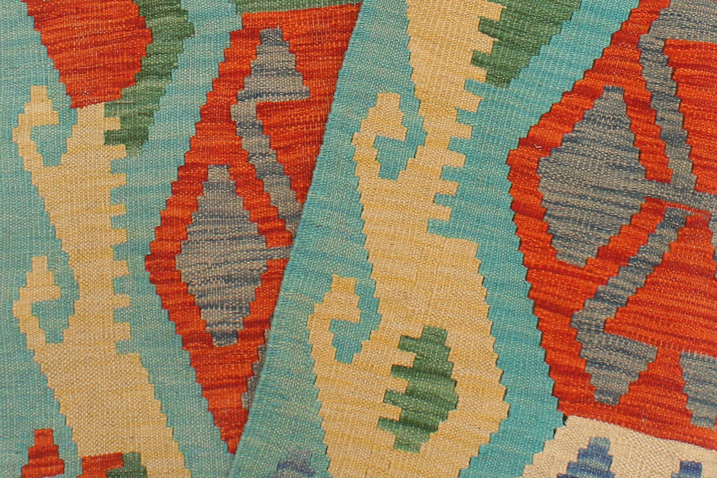 handmade Geometric Kilim Blue Rust Hand-Woven RUNNER 100% WOOL area rug 3 x 9