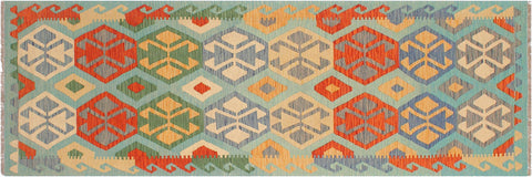 handmade Geometric Kilim Blue Rust Hand-Woven RUNNER 100% WOOL area rug 3 x 9