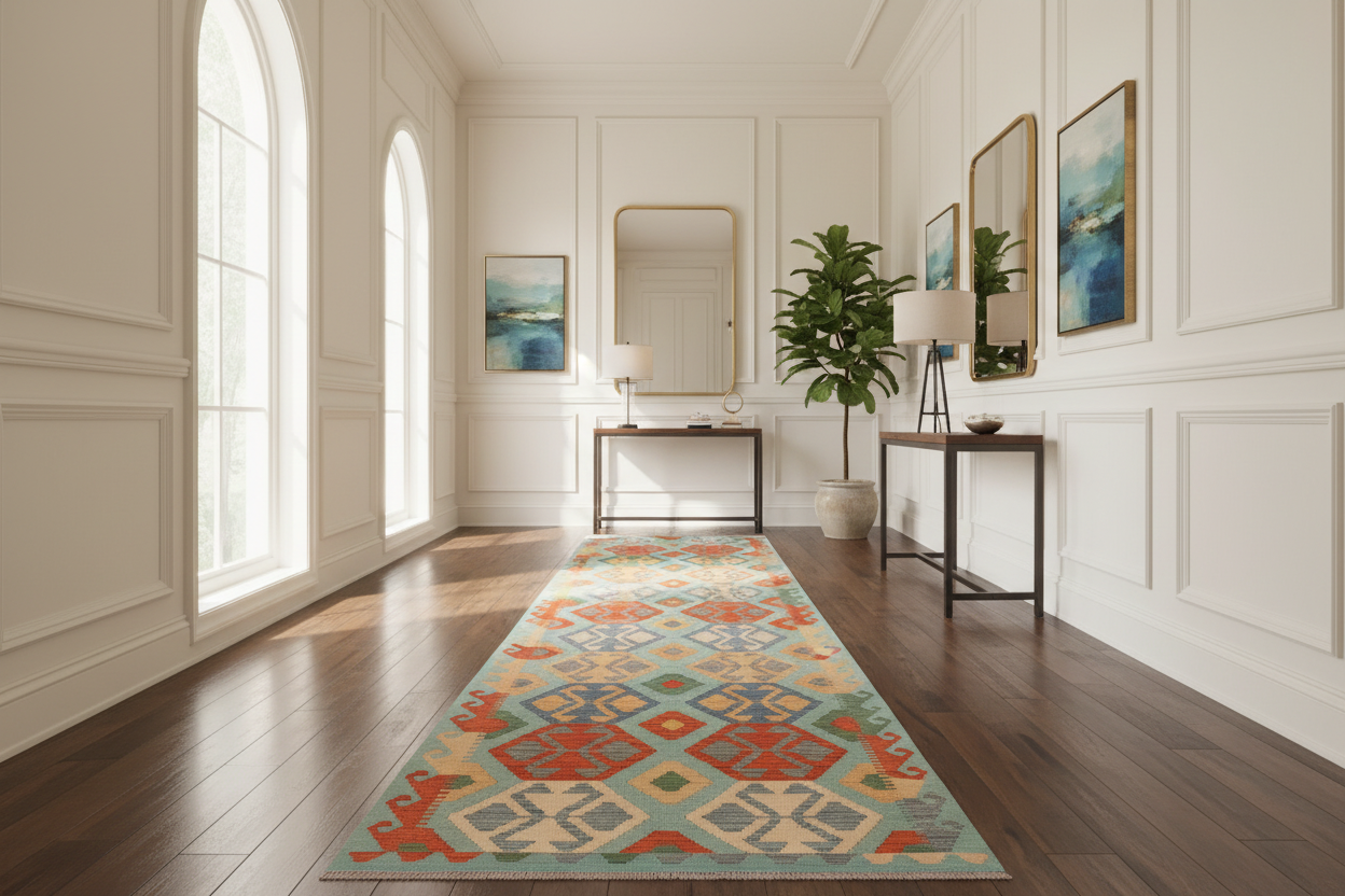 handmade Geometric Kilim Blue Rust Hand-Woven RUNNER 100% WOOL area rug 3 x 9