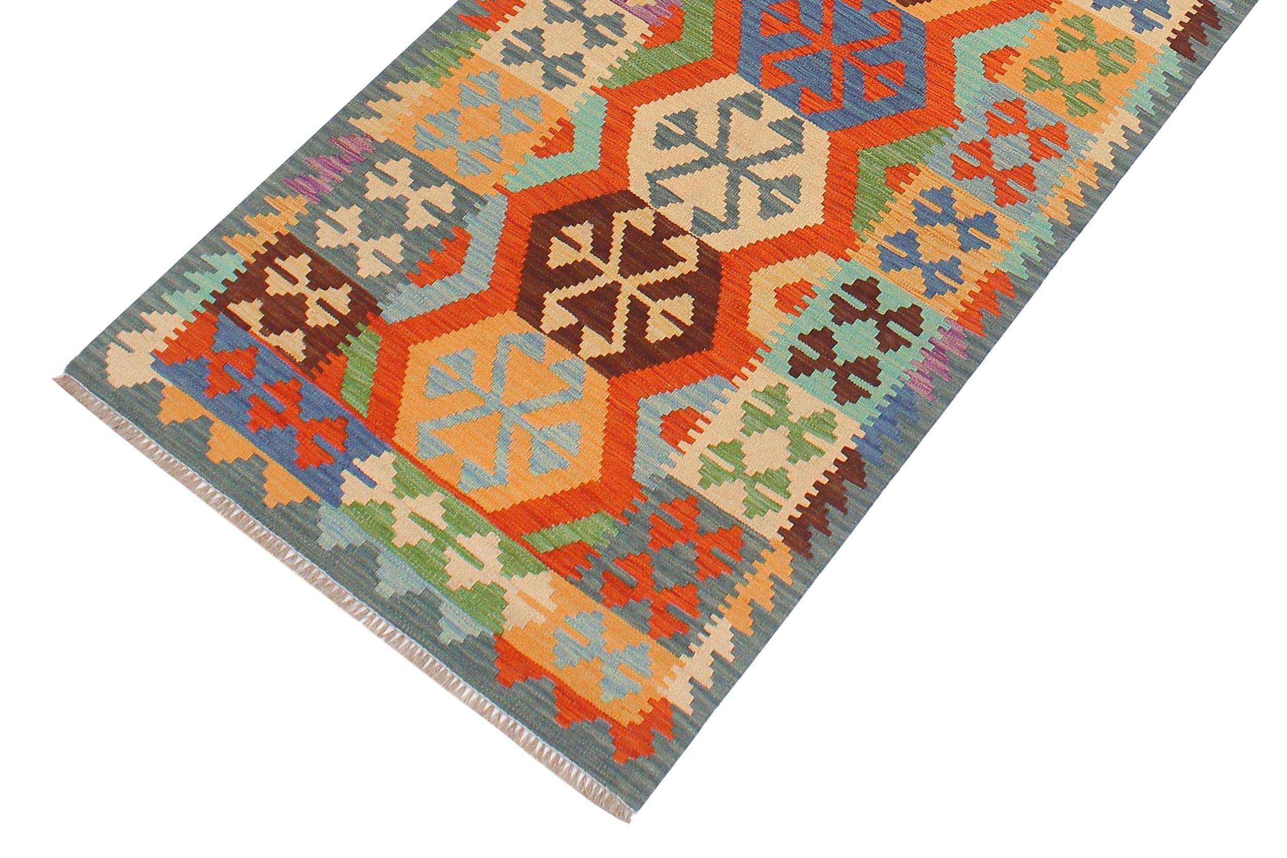 handmade Geometric Kilim Rust Blue Hand-Woven RUNNER 100% WOOL area rug 3' x 10'