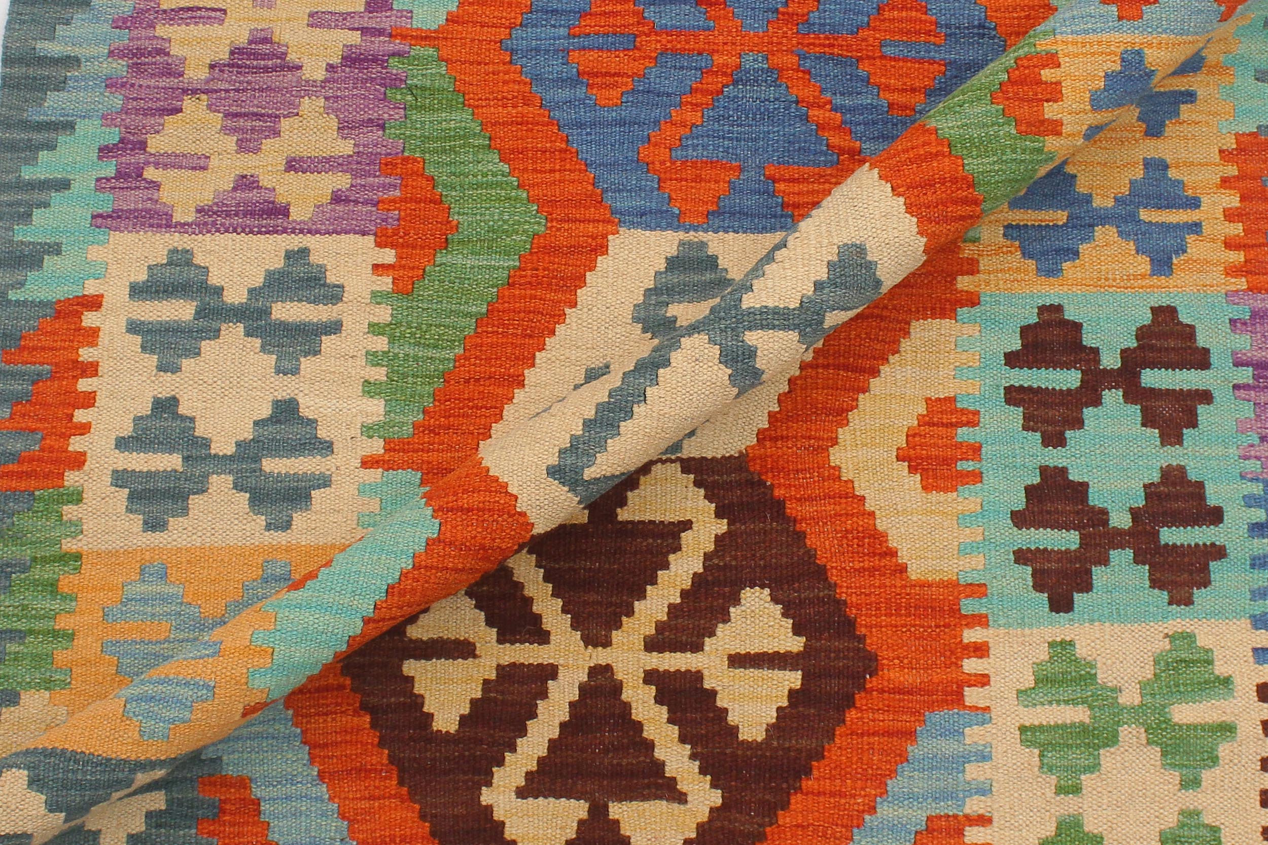 handmade Geometric Kilim Rust Blue Hand-Woven RUNNER 100% WOOL area rug 3' x 10'