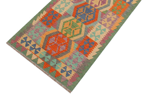 handmade Geometric Kilim Rust Green Hand-Woven RUNNER 100% WOOL area rug 3' x 10'
