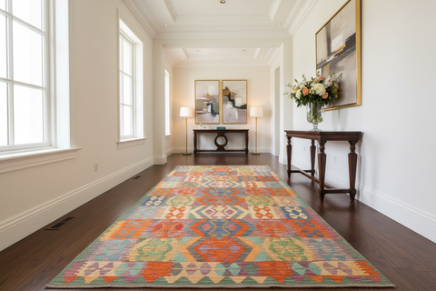 handmade Geometric Kilim Rust Green Hand-Woven RUNNER 100% WOOL area rug 3' x 10'