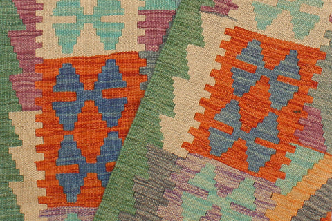 handmade Geometric Kilim Rust Green Hand-Woven RUNNER 100% WOOL area rug 3' x 10'