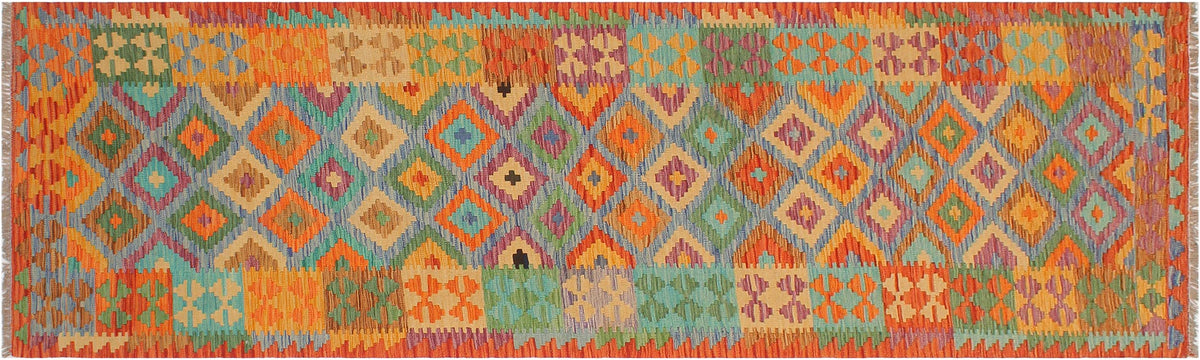 handmade Geometric Kilim Blue Rust Hand-Woven RUNNER 100% WOOL area rug 3 x 10