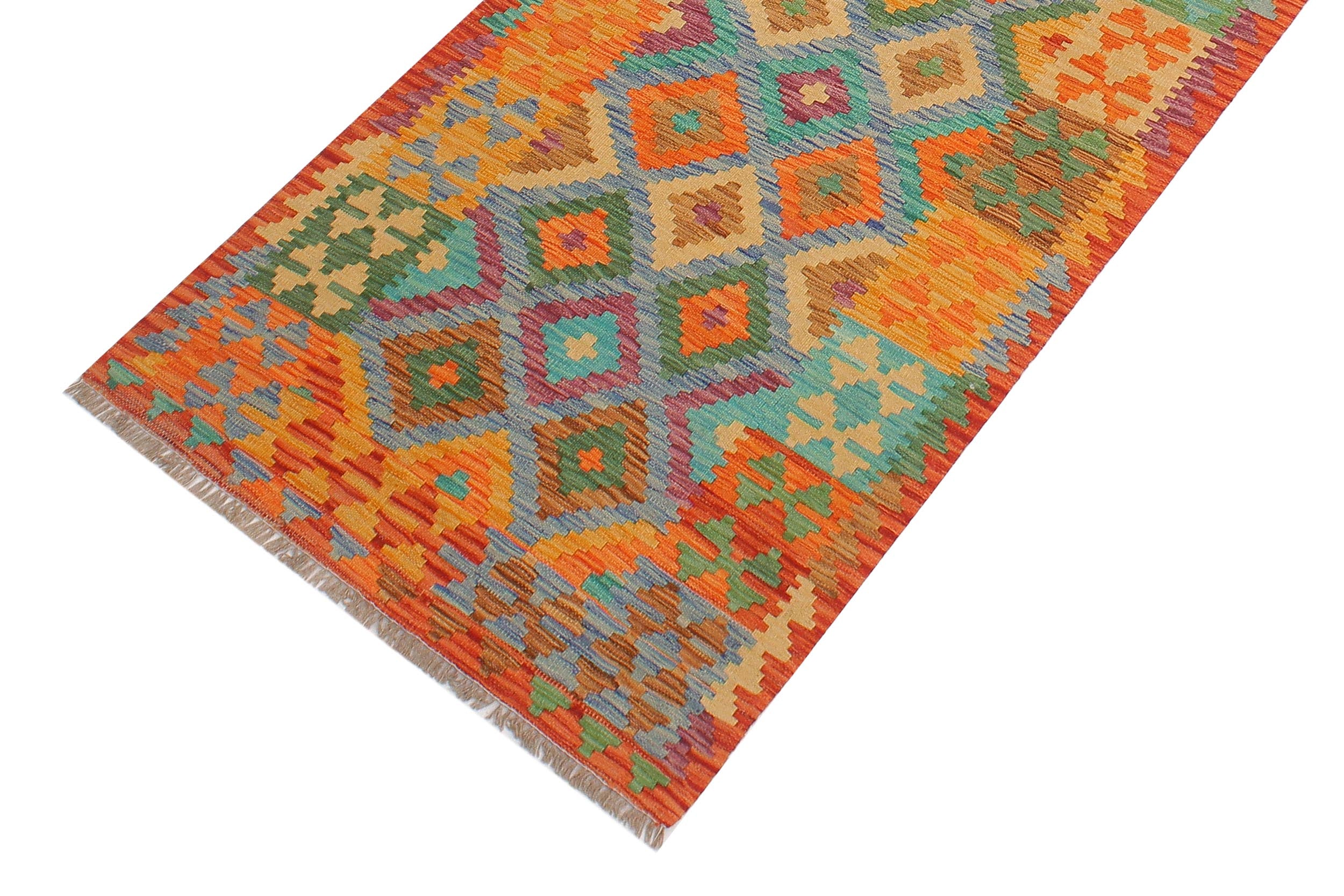 handmade Geometric Kilim Blue Rust Hand-Woven RUNNER 100% WOOL area rug 3 x 10