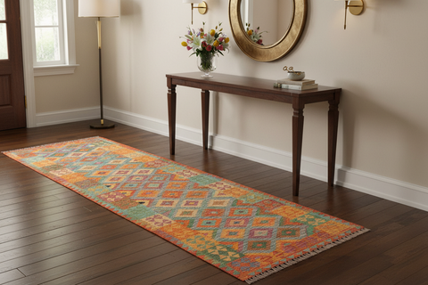handmade Geometric Kilim Blue Rust Hand-Woven RUNNER 100% WOOL area rug 3 x 10