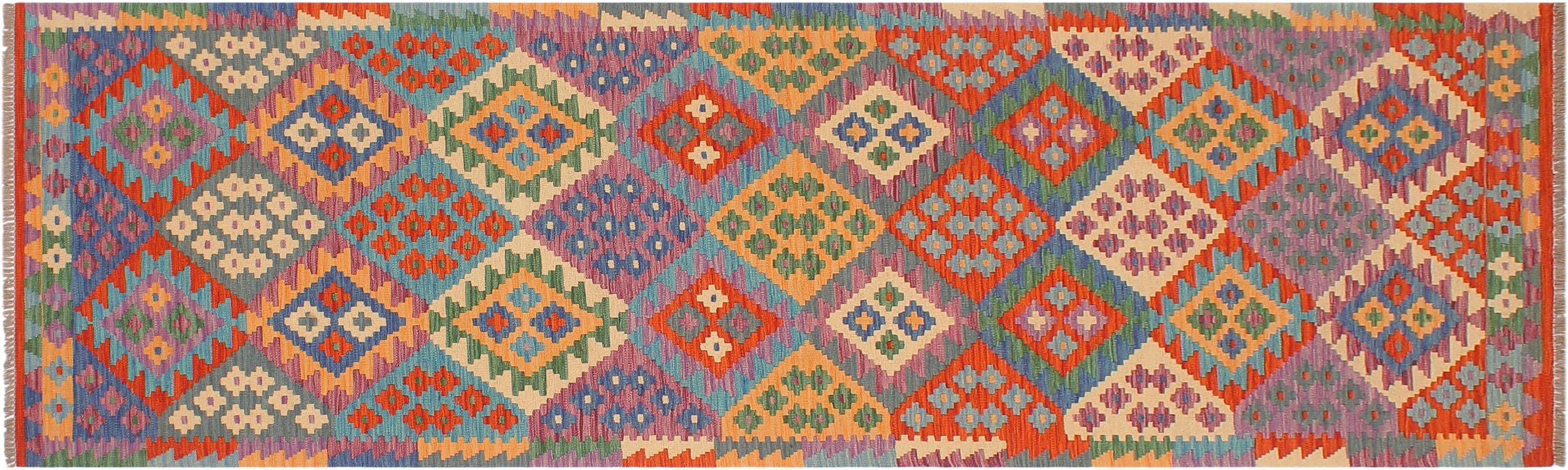 handmade Geometric Kilim Blue Rust Hand-Woven RUNNER 100% WOOL area rug 3 x 10