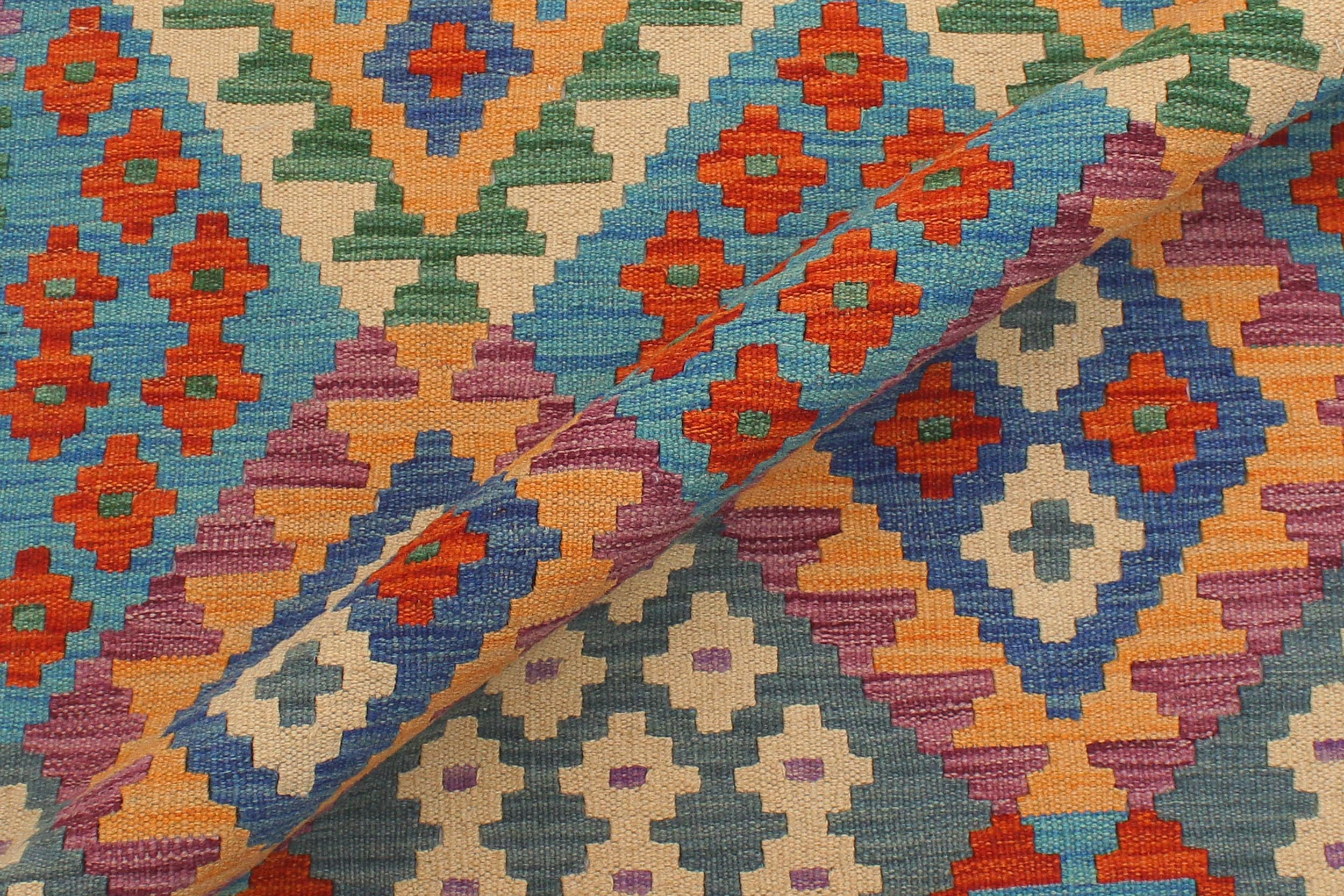 handmade Geometric Kilim Blue Rust Hand-Woven RUNNER 100% WOOL area rug 3 x 10