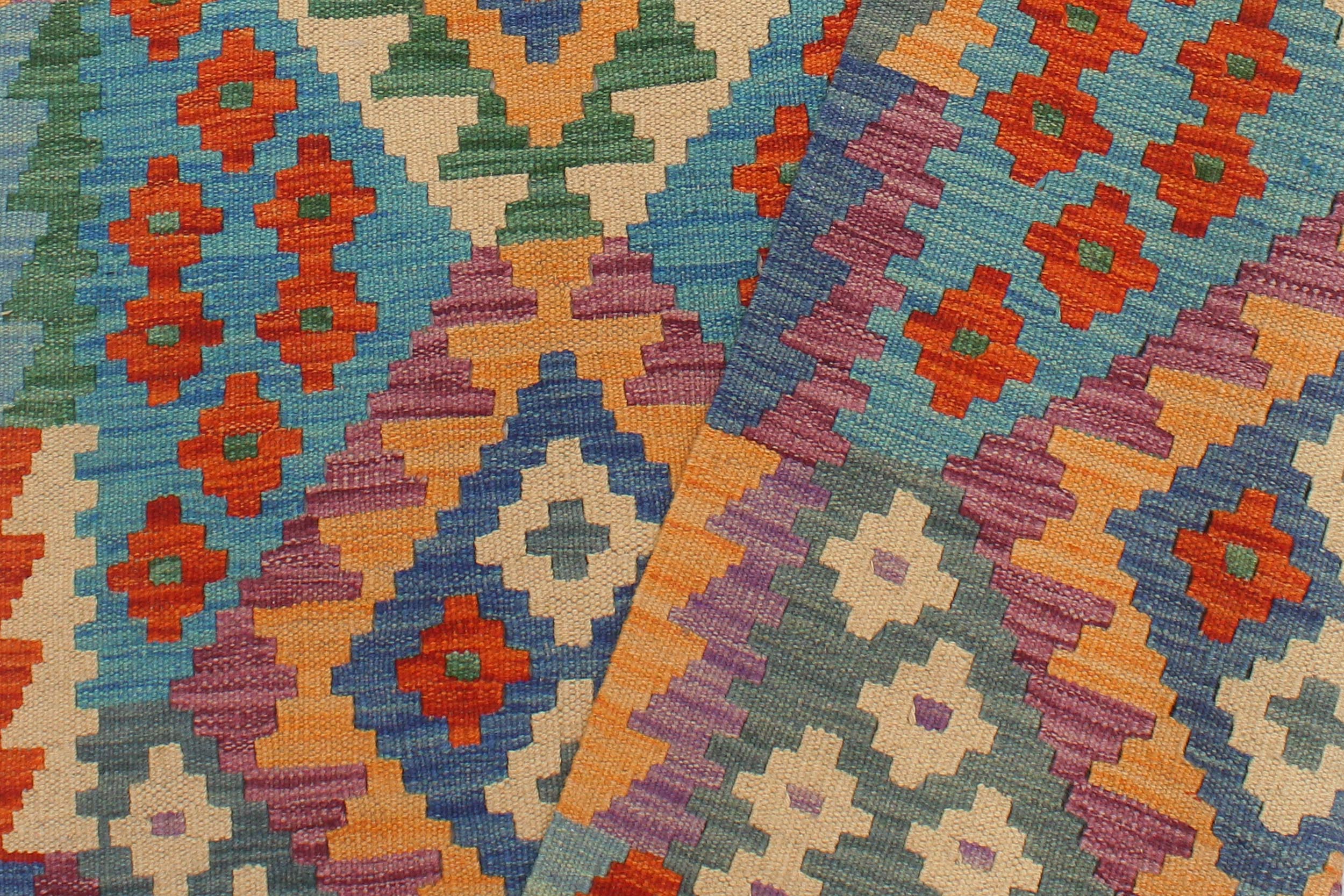 handmade Geometric Kilim Blue Rust Hand-Woven RUNNER 100% WOOL area rug 3 x 10