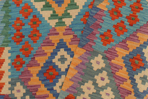 handmade Geometric Kilim Blue Rust Hand-Woven RUNNER 100% WOOL area rug 3 x 10