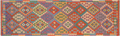 handmade Geometric Kilim Blue Rust Hand-Woven RUNNER 100% WOOL area rug 3 x 10