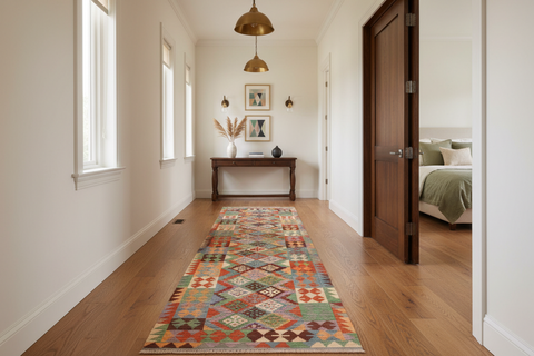 handmade Geometric Kilim Gray Rust Hand-Woven RUNNER 100% WOOL area rug 3 x 10