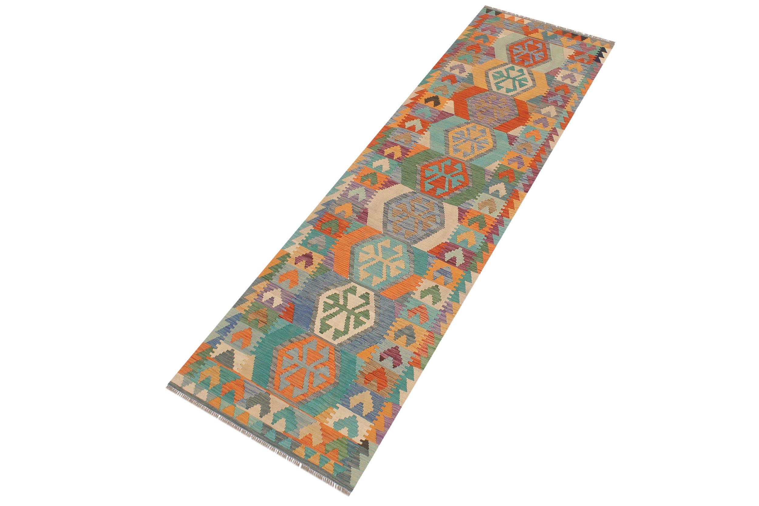 handmade Geometric Kilim Blue Rust Hand-Woven RUNNER 100% WOOL area rug 3' x 10'