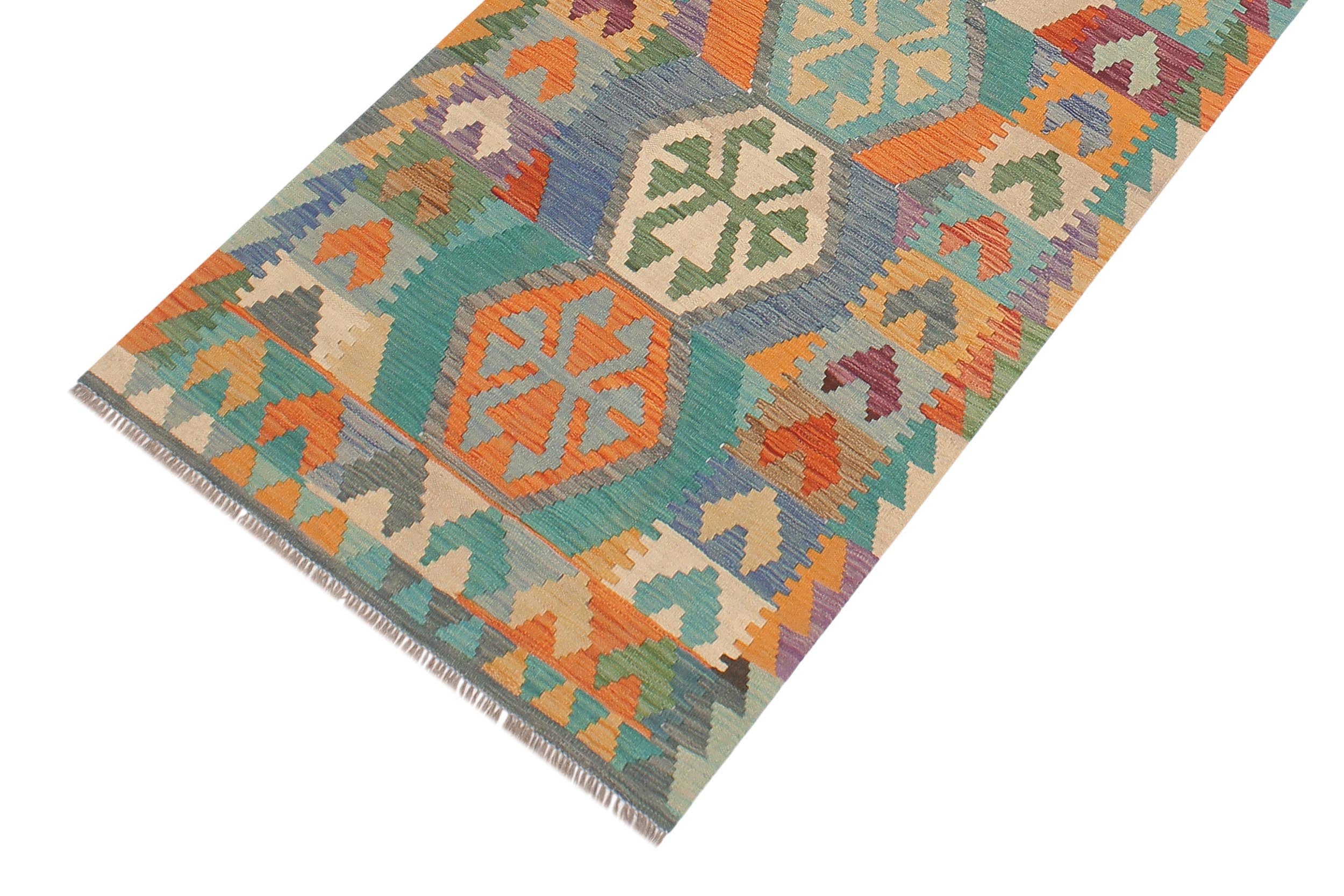 handmade Geometric Kilim Blue Rust Hand-Woven RUNNER 100% WOOL area rug 3' x 10'