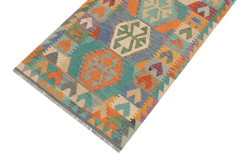 handmade Geometric Kilim Blue Rust Hand-Woven RUNNER 100% WOOL area rug 3' x 10'
