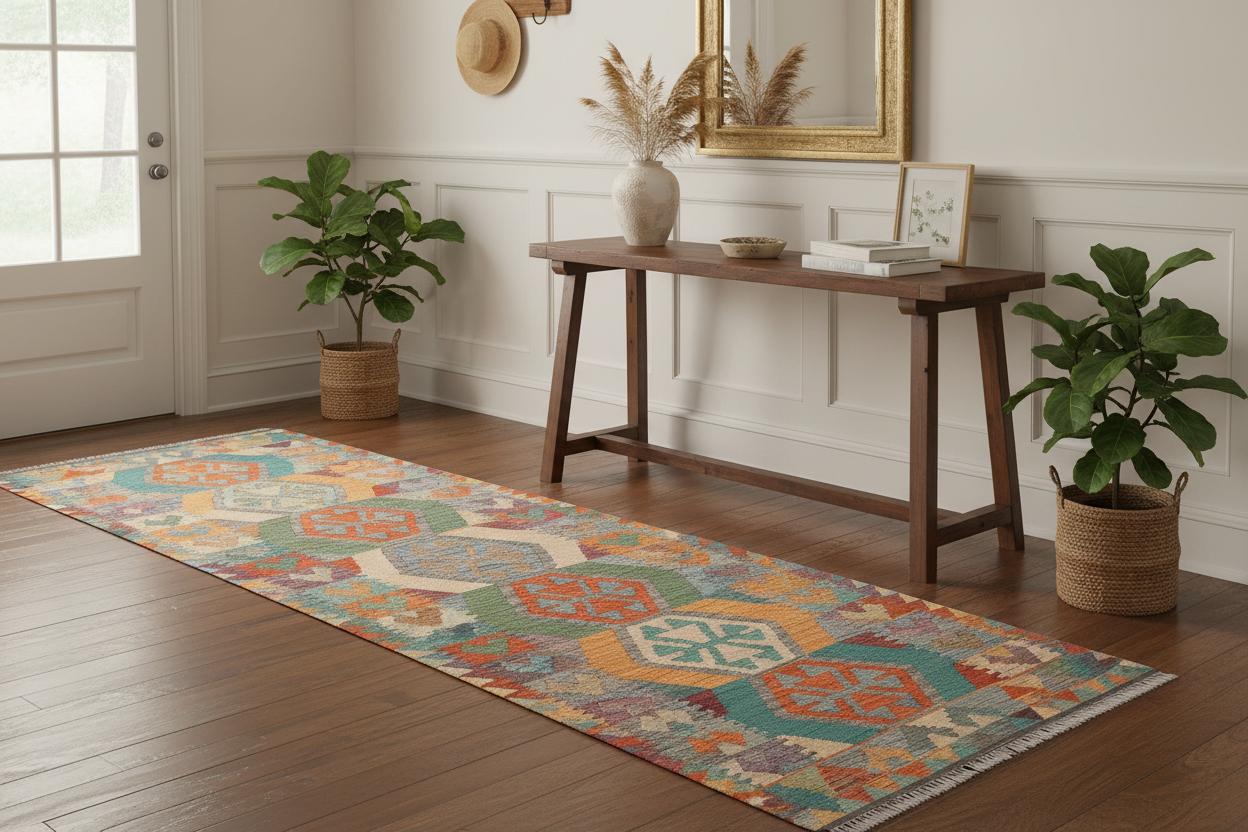 handmade Geometric Kilim Blue Rust Hand-Woven RUNNER 100% WOOL area rug 3' x 10'