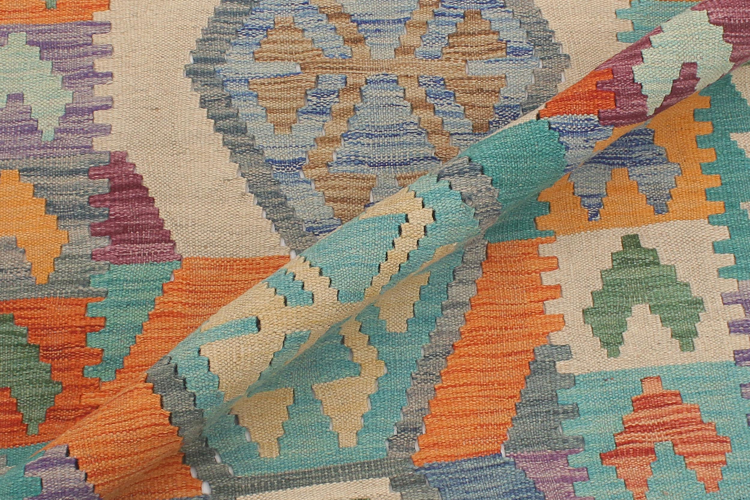 handmade Geometric Kilim Blue Rust Hand-Woven RUNNER 100% WOOL area rug 3' x 10'