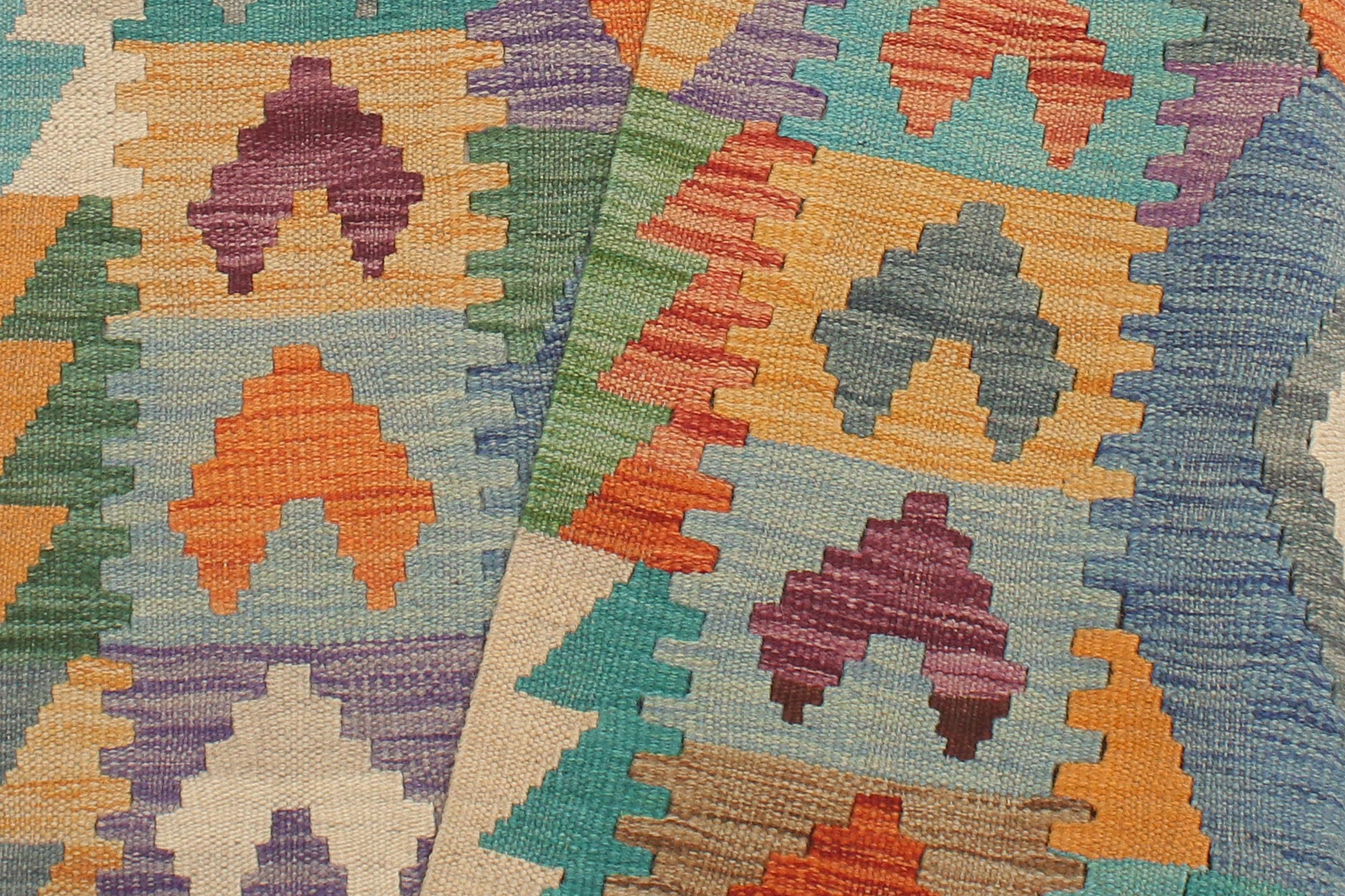 handmade Geometric Kilim Blue Rust Hand-Woven RUNNER 100% WOOL area rug 3' x 10'